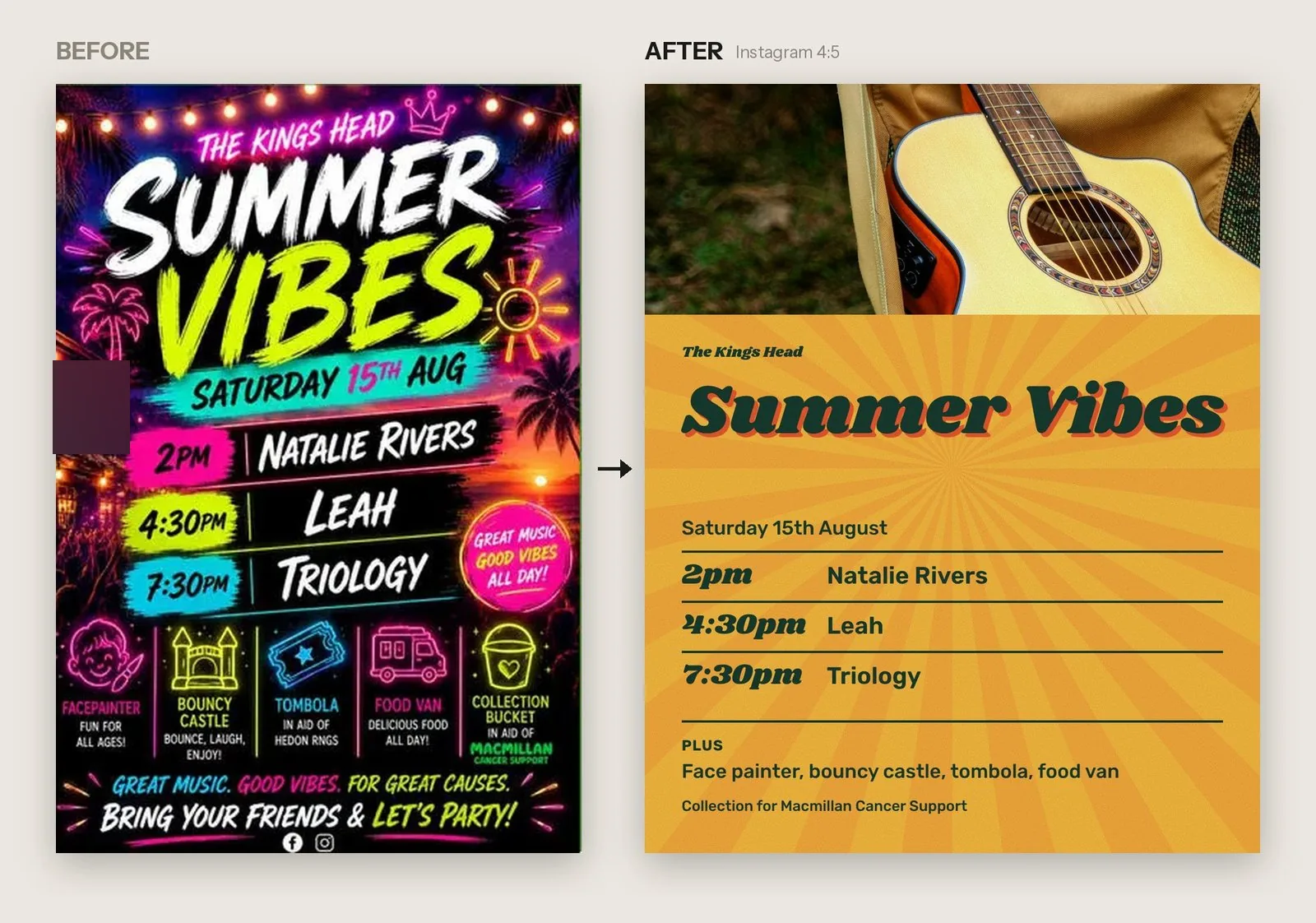 The Kings Head Summer Vibes line-up: the AI-generated original and the Instagram post made with the tool
