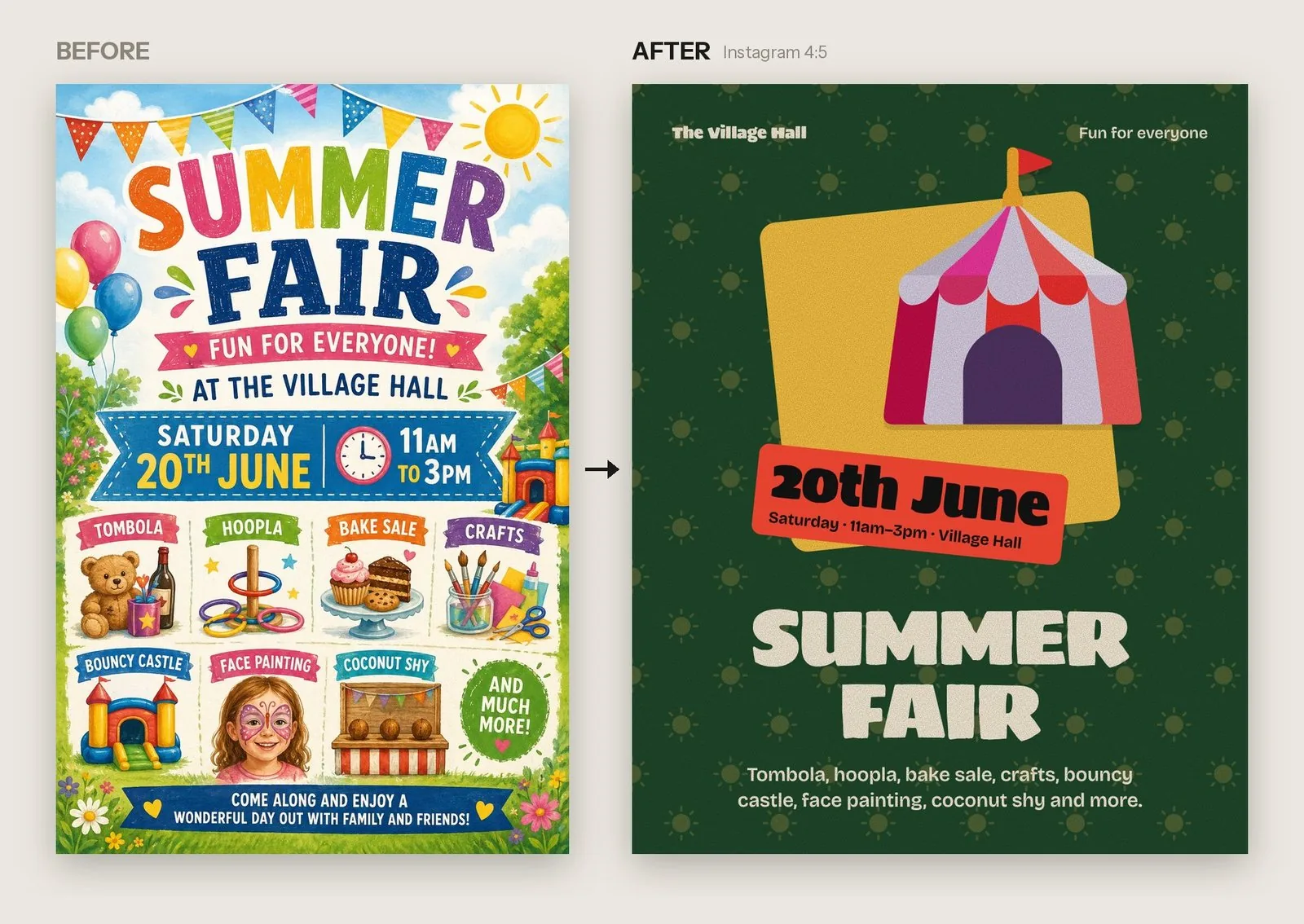 A village hall summer fair: the AI-generated original and the Instagram post made with the tool